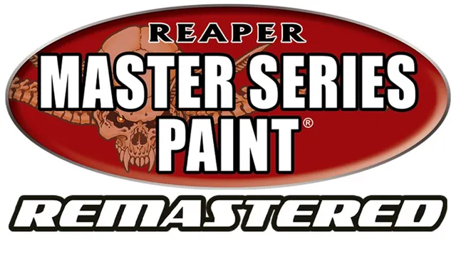 A bold logo features the text "REAPER MASTER SERIES PAINT" prominently displayed in large, white letters against a red oval background. Above the text, a stylized skull with horns adds a striking visual element, enhancing the theme of fantasy and adventure. Below, the word "REMASTERED" is presented in a sleek, modern font, emphasizing the updated nature of the paint line.