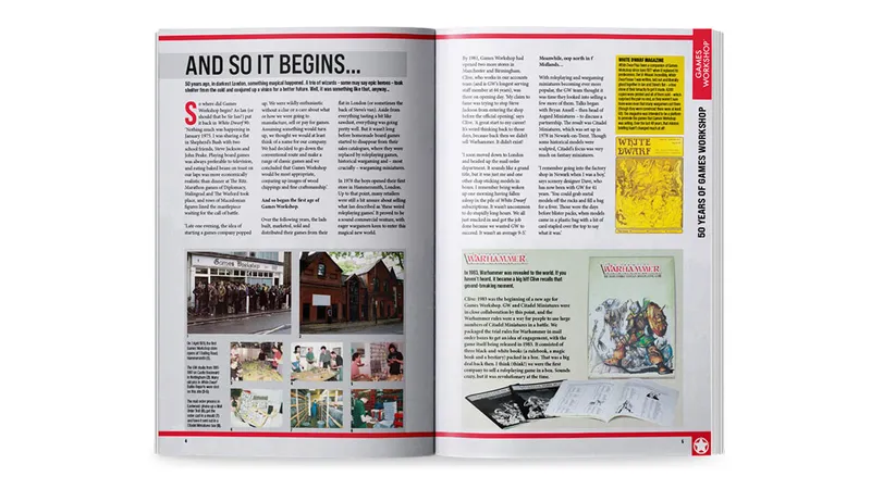 A magazine spread features a nostalgic look at the history of Games Workshop, with the left page titled "AND SO IT BEGINS..." discussing the early days of the company. Below the text, there are black-and-white photographs showing the original Games Workshop storefront and people engaged in gaming activities. The right page highlights the evolution of "White Dwarf" magazine and "Warhammer," showcasing covers and illustrations, along with a brief history of their significance in the gaming community.