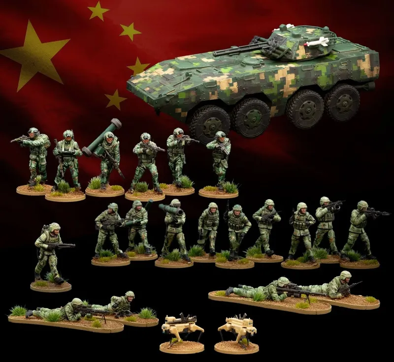A collection of miniature figures representing China's People's Liberation Army (PLA) is displayed against a backdrop of the Chinese flag. The set includes various contemporary infantry soldiers in camouflage uniforms, special operations troops, and unmanned ground vehicles (UGVs). A prominently featured armored vehicle is also present, alongside soldiers in different poses, some standing with weapons, others in prone positions, and two quadruped UGVs positioned on the ground.