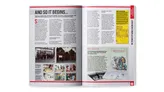 A magazine spread features a nostalgic look at the history of Games Workshop, with the left page titled "AND SO IT BEGINS..." discussing the early days of the company. Below the text, there are black-and-white photographs showing the original Games Workshop storefront and people engaged in gaming activities. The right page highlights the evolution of "White Dwarf" magazine and "Warhammer," showcasing covers and illustrations, along with a brief history of their significance in the gaming community.