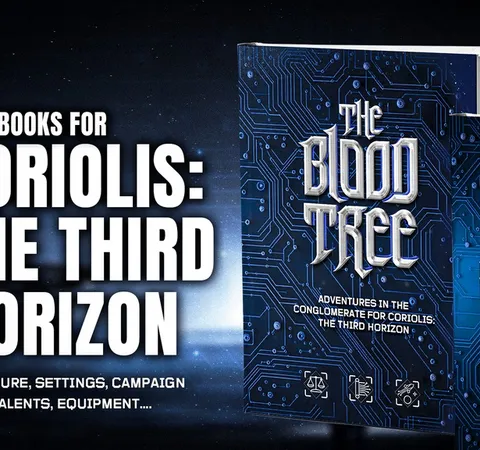 Two books: "Coriolis: The Third Horizon" and "The Blood Tree" with circuit-like cover art.