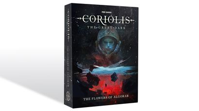 A visually striking book cover for "The Flowers of Algorab," part of the Coriolis: The Great Dark RPG, features a central figure in a space helmet, surrounded by a cosmic backdrop filled with stars and swirling colors. The lower portion of the cover displays a dramatic landscape with dark rocks and a figure standing at the edge, suggesting exploration and adventure. The title and publisher's name are prominently displayed at the top and bottom, enhancing the overall sci-fi aesthetic.