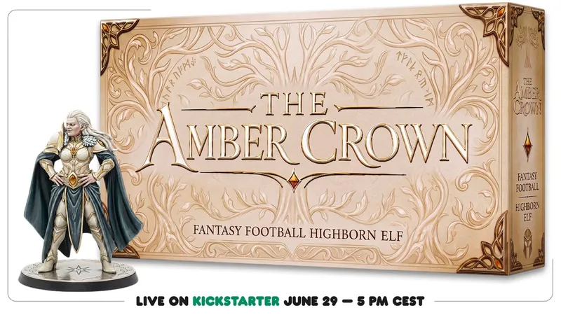 Ornate gold and cream-colored plaque with intricate vine and leaf embellishments framing the text. The plaque reads: "THE AMBER CROWN FANTASY FOOTBALL HIGHBORN ELF." A small, faceted amber-colored gem is embedded near the center. Below the plaque, part of a person's leg is visible, wearing blue jeans and a black sneaker. At the bottom of the image, green text on a black background reads: "LIVE ON KICKSTARTER JUNE 29 — 5 PM CEST."