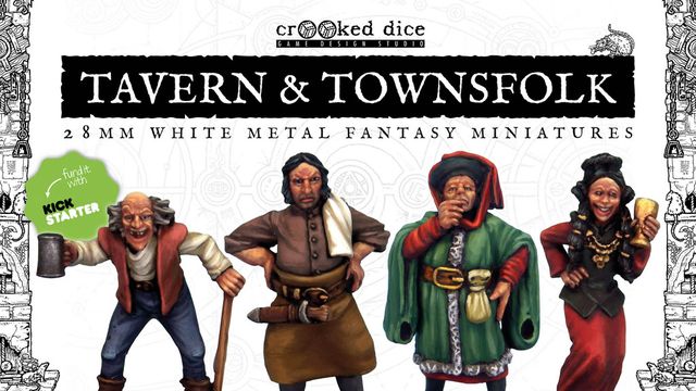 Five fantasy miniatures are displayed, showcasing a diverse group of tavern patrons and townsfolk. From left to right, there is a grinning old man with a cane, a stout man in a brown tunic, a woman in a green and red cloak holding a tankard, and a woman in a black dress with a playful expression. The background features the title "TAVERN & TOWNSFOLK" in bold lettering, indicating the theme of the upcoming Kickstarter campaign.