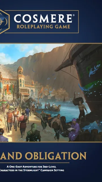 Cosmere Roleplaying Game, Law and Obligation, bustling harbor town with mountains and ships.