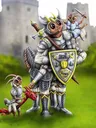 A whimsical illustration features a large, anthropomorphic creature resembling a knight, complete with armor and a crown, holding a shield adorned with a castle emblem. Perched on its shoulder is a smaller creature dressed in blue, while a tiny dragon-like figure stands beside them, also in armor. The background showcases a blurred castle and green grass, creating a playful and fantastical atmosphere.