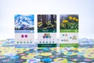 Three game cards labeled "GLACIER," "FOREST," and "MEADOW," each showing a nature scene—snowy mountain, forest, and wildflowers—with numbered hexagons and icons for scoring unique animals or features.