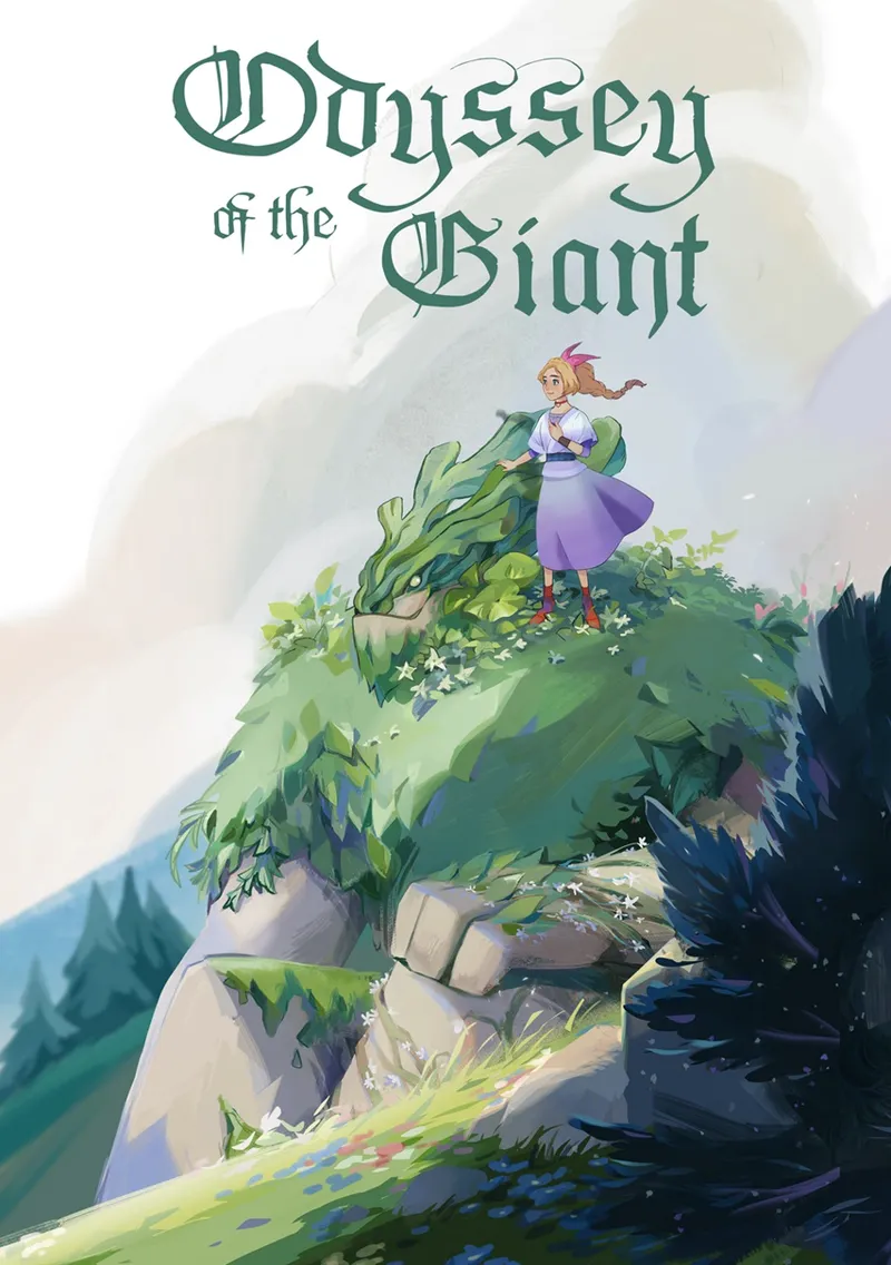 Odyssey of the Giant, girl in purple dress standing on green dragon-like creature.