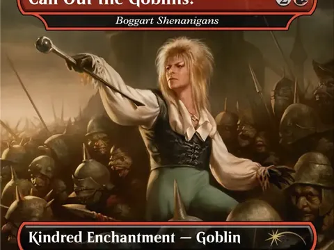 A fantasy card titled "Call Out the Goblins!" under Boggart Shenanigans. A woman with blonde hair, green pants, and a white shirt stands in a battle pose, holding a staff, surrounded by goblins in helmets and armor.