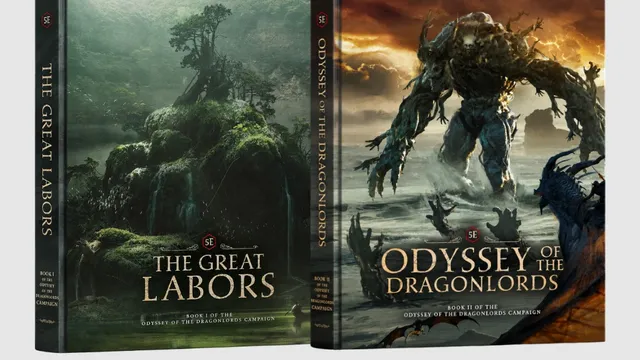 Two book covers: "The Great Labors" and "Odyssey of the Dragonlords" with fantasy art.
