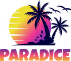 A vibrant logo for "Paradice" features a stylized sunset with a gradient of yellow to pink, set against a dark blue silhouette of palm trees. The word "PARADICE" is prominently displayed in bold, colorful letters at the bottom, blending shades of pink and orange. The overall design evokes a tropical and inviting atmosphere, perfect for a board game convention.