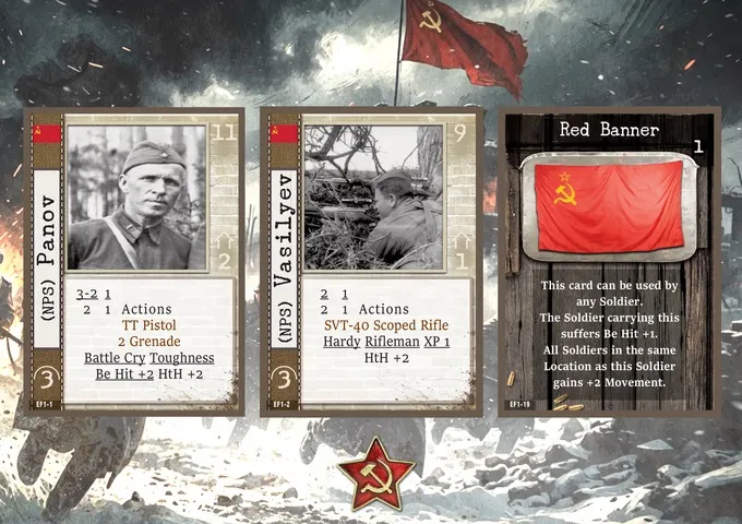 Three cards from a tabletop wargame. The left card shows a black-and-white portrait of a soldier wearing a cap and jacket, with the number 11 at the top, the text "Actions TT Pistol 2 Grenade Toughness +2 Hit +2 HtH +2" below. The center card is titled "(NPS) Vasilyev" with a small red flag and hammer-and-sickle icon, a black-and-white photo of a soldier aiming a rifle, the number 9 at the top, and the text "2 1 2 1 Actions SVT-40 Scoped Rifle Hardy Rifleman XP 1 HtH +2". The right card is titled "Red Banner" with a red flag featuring a yellow hammer-and-sickle, and descriptive text below. In the background, a red flag with a yellow hammer-and-sickle emblem is visible, along with a red star badge with the same emblem.