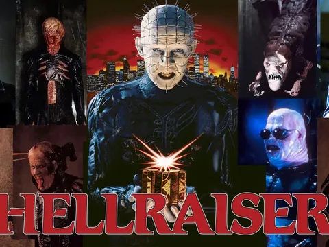A central figure with a wire-mesh skull and muscular torso, holding a glowing puzzle box. Surrounding images show distorted faces, dark figures, and a cityscape at dusk. Red text reads "HELLRAISER."