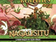 Cover art for Reign: Realities – Nagalisitu showing a chaotic battle scene with armored figures wielding weapons, one mounted on a skeletal steed. Green and red hues dominate. Title "Nagalisitu" in ornate gold lettering. Subtext reads "A Reign Reality by Caleb Stokes."