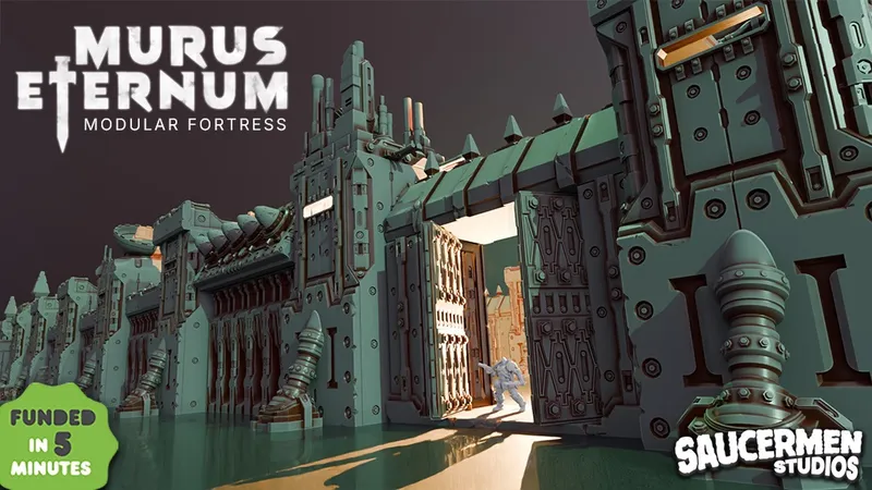 A detailed 3D model of the Murus Eternum Modular Fortress, showcasing its imposing structure with tall walls and a large, open gate. The fortress features intricate designs, including pipes and mechanical elements, with a sci-fi aesthetic. A miniature figure in a white suit is positioned near the entrance, emphasizing the scale of the fortress.
