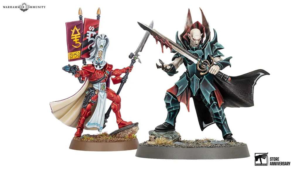 A vampire miniature named Korthrain, the Crimson Blade, stands prominently, showcasing ornate black and teal armor with sharp, angular designs. He wields a long, elegant sword with a bloodied edge, poised for action, while his expression conveys a fierce intensity. In the background, a smaller figure can be seen, adding context to the scene, with a rocky base and tufts of grass completing the display.