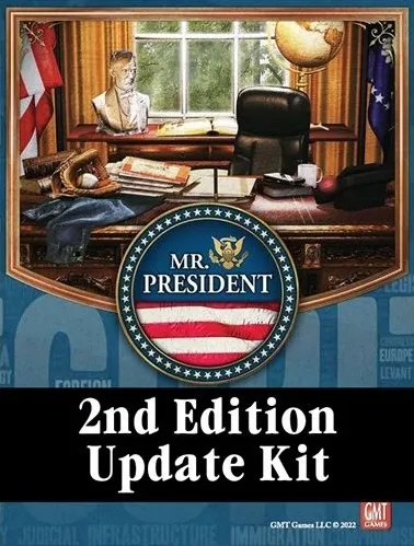 A detailed illustration of a presidential office features a large desk cluttered with papers and a globe, set against a backdrop of a window with curtains and a bust of a historical figure. Prominently displayed is a circular emblem reading "MR. PRESIDENT" with a stylized American flag design. The text "2nd Edition Update Kit" is featured below the emblem, indicating the purpose of the kit.