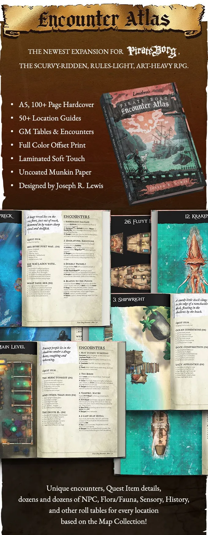 A collage of pages and covers from a tabletop gaming book collection. The top left shows a dark background with white text reading "Uncoated Munkin Paper" and "Designed by Joseph R. Lewis." The top right displays a book cover with an illustration of a ship and a dock, with the text "Joseph R. Lewis" visible. Below, various open book pages are shown, featuring nautical-themed illustrations, maps, and text. One page includes a heading "ENCOUNTERS" with subheadings like "1. SUBMERGED SALVAGE" and "2. UNGRATEFUL SURVIVORS." Another page shows a large sea creature illustration with the heading "12. KRAKEN." Additional pages display text and images related to shipwrights, docks, and other maritime elements.