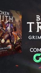 A visually striking box cover for "Grimdark Future: Broken Truth" features two distinct armies: the Saurian Starhost, depicted as fierce, space-aged lizardmen, and the Robot Legions, showcasing robotic figures with a mix of armor and skeletal elements. The title "BROKEN TRUTH" is prominently displayed at the top, with "GRIMDARK FUTURE" and "TWO-PLAYER BATTLE BOX" featured below. The background is dark and atmospheric, enhancing the sci-fi theme, while the text "COMING SOON" and the Gamefound logo indicate the upcoming campaign launch.