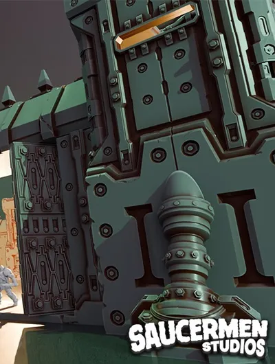 A detailed 3D model of the Murus Eternum Modular Fortress, showcasing its imposing structure with tall walls and a large, open gate. The fortress features intricate designs, including pipes and mechanical elements, with a sci-fi aesthetic. A miniature figure in a white suit is positioned near the entrance, emphasizing the scale of the fortress.