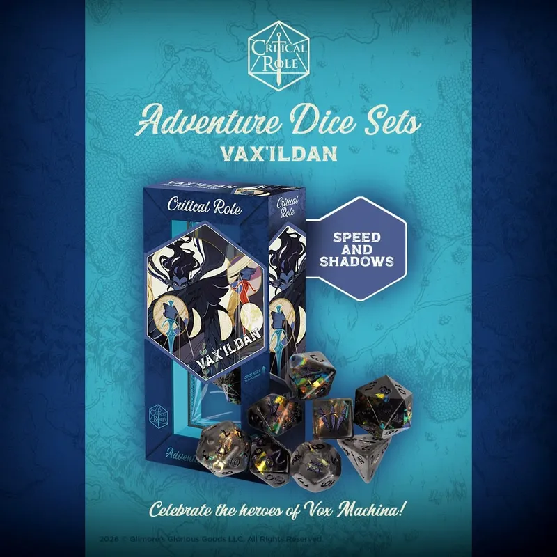 Critical Role Vax'ildan dice set and box with "Speed and Shadows" label.