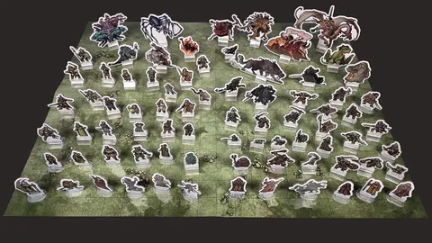 Cardboard standees of fantasy characters and creatures on a green grid map.