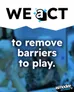 White text on blue background reads: "Access+ to remove barriers to play." Blurred background shows people seated around a table with board game pieces. Logo in bottom right corner reads "asmodee access+" in white.