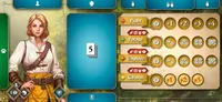 A woman with blonde hair, wearing a white long-sleeve shirt, yellow skirt, brown belt, and a brown crossbody bag. She stands against a forest-themed background. The card displays a number 5 in the top right corner and icons of a paw print, a shield, and a coin in the bottom corners.