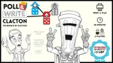 A robot with a blender for a head making peace signs, with dice and text "BRILLIANT IDEA", "SMOOTH, LEAN AND THEMATIC", "GREAT".