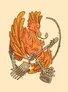 A small, whimsical dragon with vibrant orange feathers and teal scales is depicted holding a shiny fork and a cup, showcasing its playful nature. The dragon has a curious expression, with its tongue playfully sticking out, and its wings are spread wide, emphasizing its unique features. The background is a soft, neutral color, allowing the dragon and its treasures to stand out prominently.