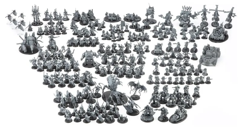 Collection of miniature figurines arranged on a flat surface. The figurines depict various sci-fi characters and vehicles, primarily in monochrome gray. The characters include humanoid figures holding weapons such as guns and melee weapons, some wearing armor and others with more organic, alien appearances. Several larger, multi-legged mechanical constructs resembling walkers or robots are interspersed among the smaller figures. In the center, a large, dragon-like creature with wings and multiple limbs stands prominently. Surrounding it are smaller humanoid figures, some mounted on mechanical bikes or operating larger weaponry. No readable text is visible on the figurines or in the image.