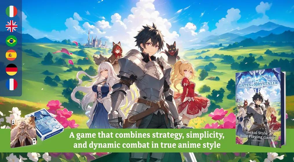 A group of five anime-style characters stands in a vibrant, lush landscape filled with rolling hills and colorful flowers. The central figure, a young man in shining armor, is flanked by a silver-haired woman in a blue dress, a red-haired girl in a hooded cloak, a small black cat-like creature, and a blonde girl in a red dress. In the corner, a box featuring the game "Gates of Krystalia" is displayed, with text highlighting the game's combination of strategy, simplicity, and dynamic combat.