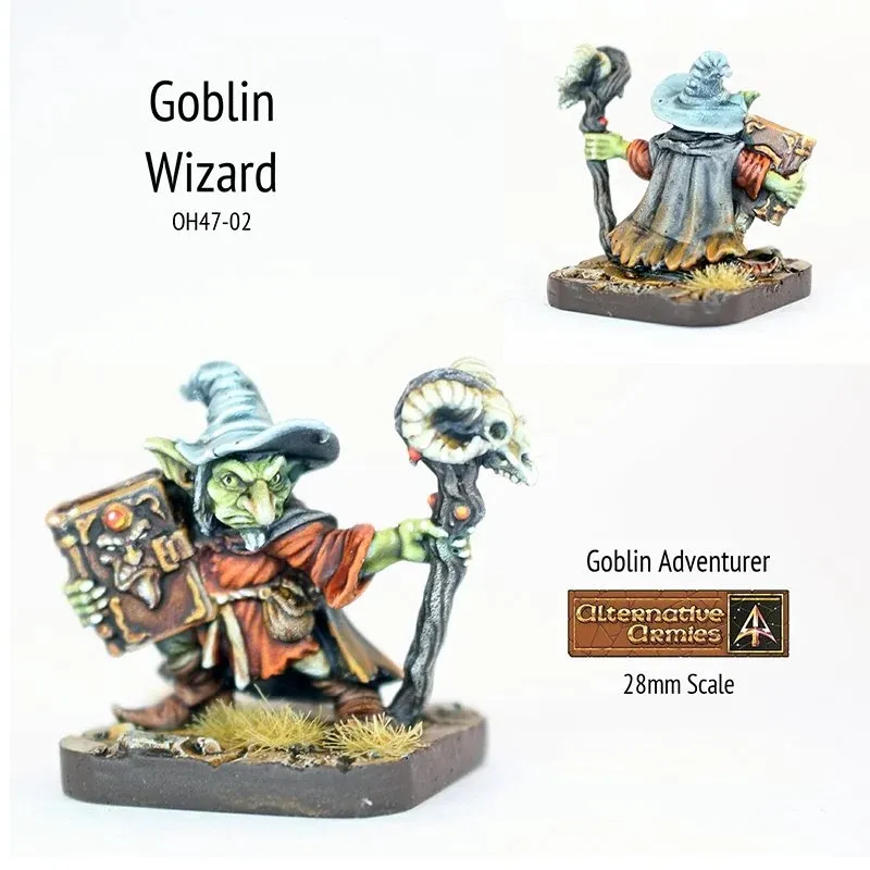 A detailed miniature of a Goblin Wizard stands prominently, showcasing vibrant colors and intricate features. The wizard wears a blue pointed hat and a flowing dark cloak, holding a staff topped with a skull in one hand and a spellbook in the other. The base is adorned with tufts of grass, emphasizing the 28mm scale of this character from the Goblin Adventurers range by Alternative Armies.