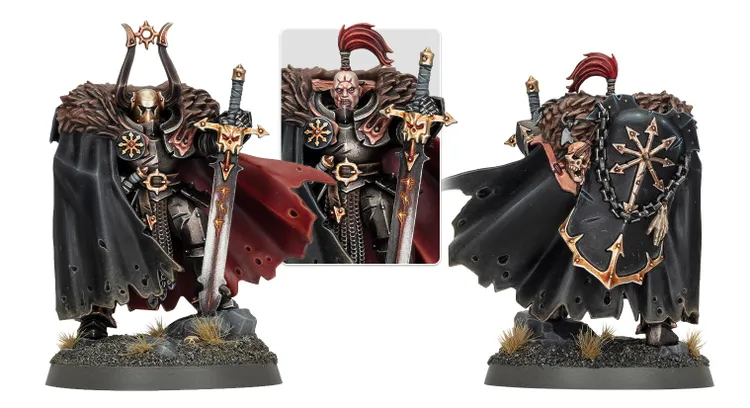 An imposing miniature of Urkhan the Dark Warden, an Exalted Hero of Chaos, stands prominently, adorned with a horned helmet and a flowing dark cloak. He wields a large sword, intricately detailed with symbols, and features a base with rocky terrain and sparse vegetation. A smaller inset image shows an alternate head option with a snarling, scarred face, emphasizing the character's menacing presence.