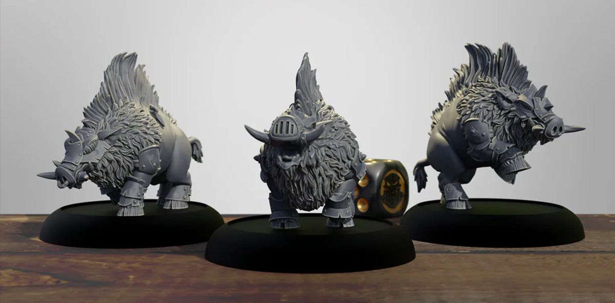 Three stylized miniature boars are displayed on black bases, showcasing their unique designs. Each boar features a thick, shaggy coat and prominent tusks, with one wearing a helmet and armor, suggesting a battle-ready appearance. The background is a simple, light color, allowing the details of the miniatures to stand out prominently.