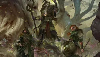 "Beyond the Woods" text above a forest scene with three figures: one with antlers, one with a staff, one with a shield.
