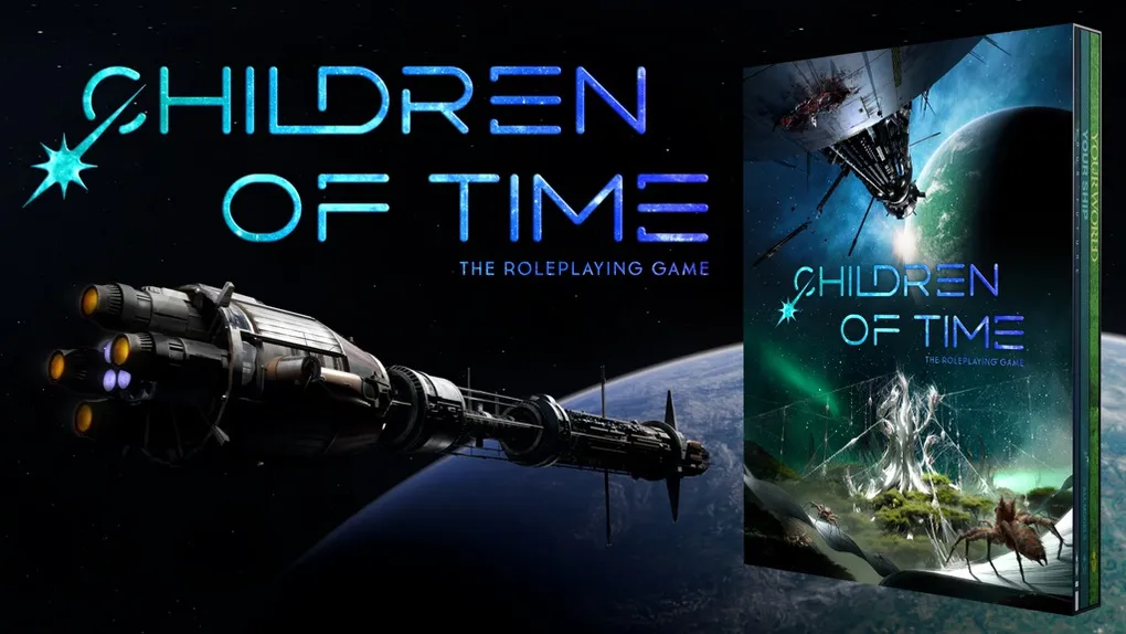 The image features the title "Children of Time: The Roleplaying Game" prominently displayed in bold, futuristic blue letters against a dark background. To the left, a detailed illustration of a colossal ark ship is shown, with intricate designs and a sleek, elongated shape. On the right, the cover of the game book is visible, showcasing vibrant artwork that includes a fantastical landscape with alien flora and fauna, hinting at the themes of evolution and exploration central to the game.