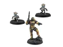 A trio of miniatures from Corvus Belli's upcoming releases features a central figure in a tactical suit, wielding a weapon, flanked by two smaller androids with distinctive blue eyes and sleek designs. The central figure stands on a textured base, while the two smaller figures are positioned on separate bases, showcasing their unique designs. The overall aesthetic combines elements of sci-fi and military themes, emphasizing a futuristic and dynamic look.