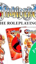 A colorful promotional image for the ThunderCats roleplaying game features the game's logo prominently at the top, with the text "THE ROLEPLAYING GAME" beneath it. To the left, several characters from the ThunderCats universe are illustrated, showcasing their distinct designs and expressions. In the foreground, three versions of the game’s hardcover rulebook are displayed, including a standard edition and a limited edition, with a green circle stating "FUNDED IN ONE MINUTE!" highlighting the campaign's success.