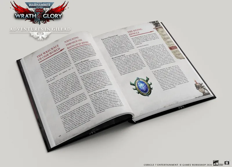 An open book titled "Adventures in Gilead" from the Warhammer 40,000 Roleplay: Wrath & Glory series displays pages filled with text and headings. The left page features sections titled "The Wreckage of Our World" and "Navigating Through the Ruins of Ul-Khari," while the right page includes "Frozen Predators," "The Dying Jungle," and other headings. A decorative emblem with a blue gem and green accents is positioned at the bottom right corner of the right page, enhancing the thematic design of the publication.