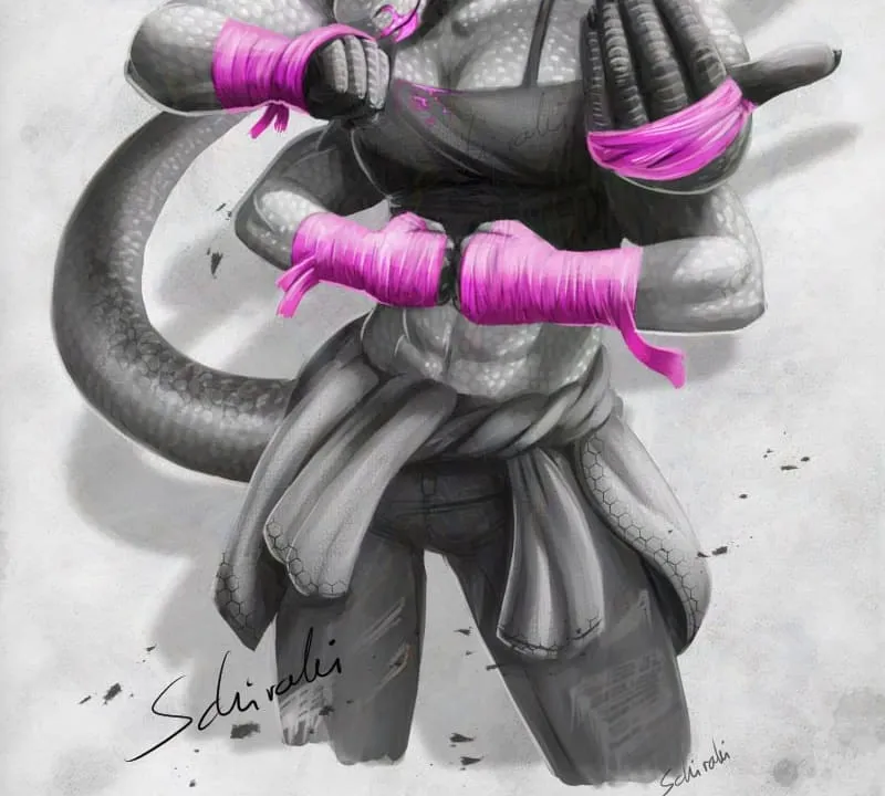 A komodo dragoness boxer with four arms looks fierce at the viewer. The image is in greyscale with pink accents.