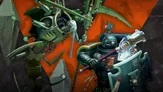 A Space Marine in dark green armor stands prominently in the foreground, wielding a large, glowing hammer and a shield adorned with intricate text and skull motifs. To the left, a Necron warrior, characterized by its skeletal frame and glowing green accents, raises a scythe-like weapon. The background features a dynamic orange geometric pattern, enhancing the tension of the scene.