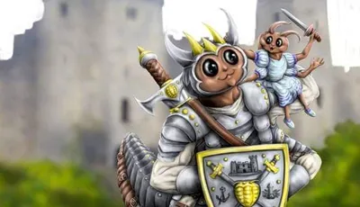 A whimsical illustration features a large, anthropomorphic creature resembling a knight, complete with armor and a crown, holding a shield adorned with a castle emblem. Perched on its shoulder is a smaller creature dressed in blue, while a tiny dragon-like figure stands beside them, also in armor. The background showcases a blurred castle and green grass, creating a playful and fantastical atmosphere.