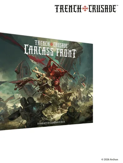 A box for the "Trench Crusade: Carcass Front" narrative campaign features a dramatic illustration of a fierce battle scene. In the foreground, a red, demonic figure wields a weapon amidst a chaotic clash with armored soldiers, surrounded by skulls and tattered banners. The title "TRENCH CRUSADE: CARCASS FRONT" is prominently displayed at the top, with the subtitle "NARRATIVE CAMPAIGN BOX" below, set against a dark, atmospheric backdrop.