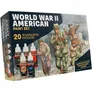 A paint set titled "World War II American Paint Set" features a box design showcasing three American soldiers in historical uniforms, set against a backdrop of crumbling walls. The box includes five paint bottles prominently labeled "WARPAINTS FANATIC," with colors such as "Dark Drab," "Medium Drab," "Paratrooper Tan," "Tang Red," and "Ensign Blue." The text emphasizes "20 WARPAINTS FANATIC" and "AUTHENTIC COLOURS FROM HISTORICAL SOURCES," highlighting the set's focus on historical accuracy.