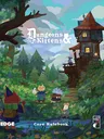 A whimsical illustration features a vibrant forest scene with a variety of anthropomorphic animals. In the foreground, a red cat wearing a wizard's hat and a backpack stands beside a yellow cat in blue clothing, while a blue cat with a mischievous expression and a mouse in a tunic are engaged in activities nearby. A charming wooden house is visible in the background, surrounded by lush greenery and mountains, creating a magical atmosphere. The title "Dungeons & Kittens" and "Core Rulebook" are prominently displayed at the bottom.