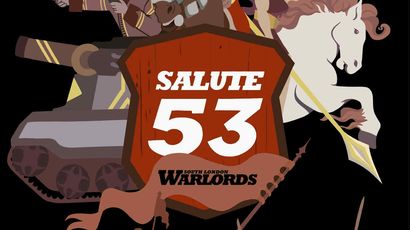 A stylized graphic features a large, bold shield with the text "SALUTE 53" and "SOUTH LONDON WARLORDS" prominently displayed. Behind the shield, a tank and various figures, including knights on horseback and a warrior with a sword, are depicted in a dynamic arrangement. The phrase "SOUND THE CHARGE!" is boldly written at the bottom, emphasizing the theme of action and excitement.