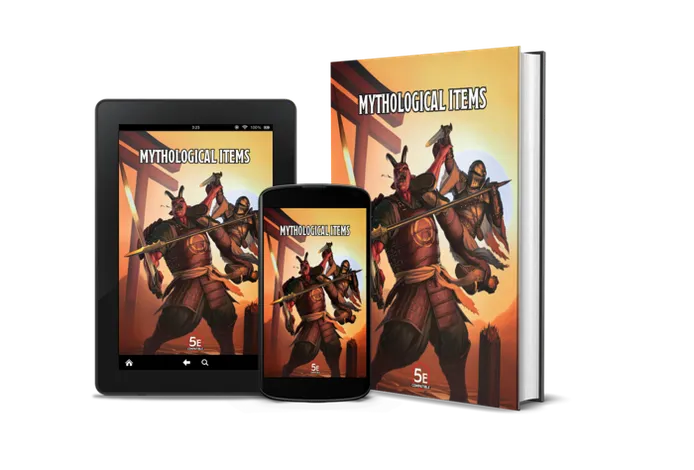 Tablet, phone, and book covers showing "MYTHOLOGICAL ITEMS" and armored figures.