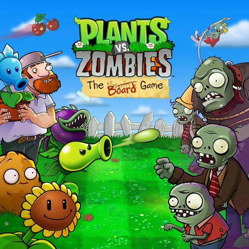 A colorful illustration features a whimsical garden scene from the Plants vs. Zombies franchise. In the foreground, a smiling sunflower and a wall-nut are positioned alongside a peashooter, while a character with a beard holds a plant. On the right, several cartoonish zombies, each with distinct features and expressions, approach menacingly. The title "Plants vs. Zombies: The Board Game" is prominently displayed at the top, set against a bright blue sky and green grass backdrop.