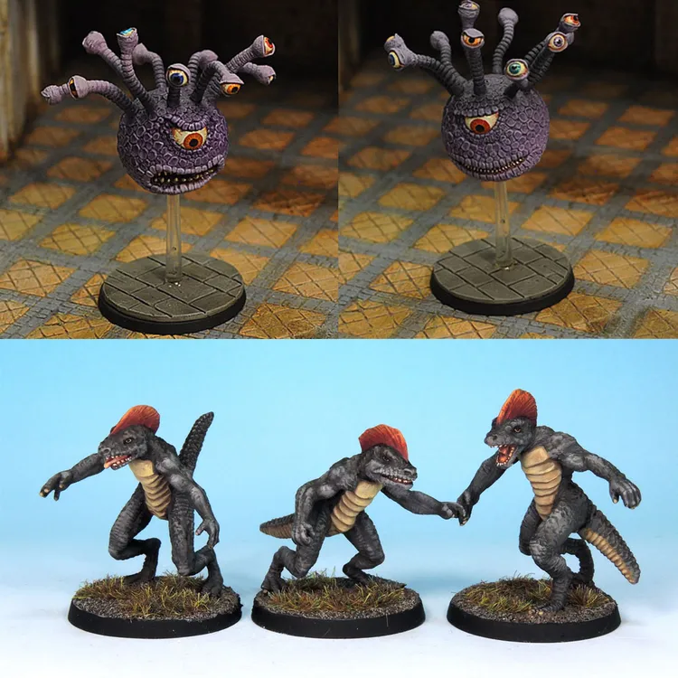 A purple, spherical creature with multiple eyestalks, known as an 'eye tyrant,' is displayed on a clear stand against a textured stone background. Below, three lizardmen miniatures are shown, each with distinct features such as bright red crests and varying poses, set on circular bases with grassy textures. The miniatures are designed for fantasy RPGs and dungeon crawlers, showcasing detailed sculpting and painting.